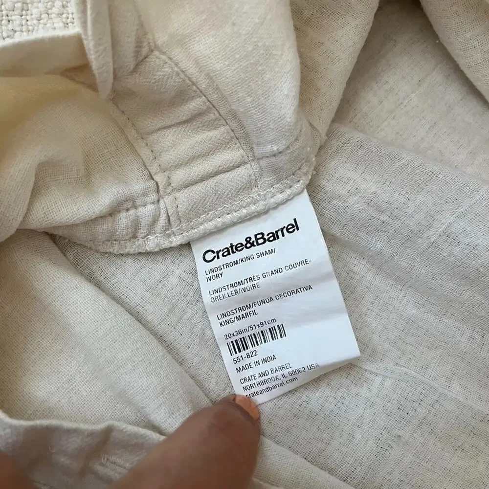 Crate & Barrel Lindstrom Ivory Textured Linen Cotton Pillow Sham King 20” X 36”